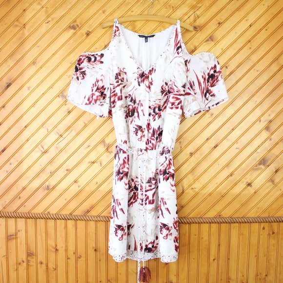 White House Black Market Cold Shoulder Dress Size 6 Taupe Red Short Sleeve D74 - Picture 10 of 10